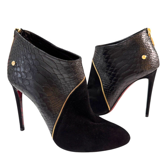 Cesare Paciotti Black Snake Leather & Suede Stiletto Heel Ankle Boots L37/R38 - Picture 1 of 8
